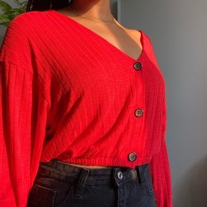 Red Cropped Button Up Sweater